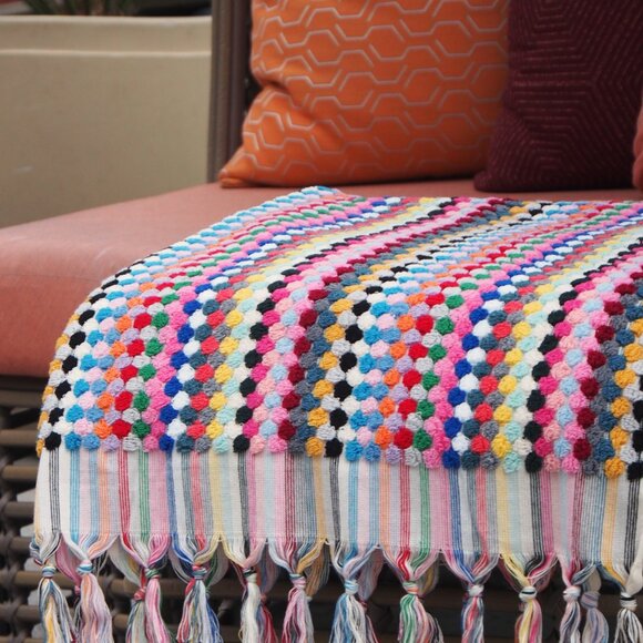 Large Rainbow Double Sided Multi Color Pom Pom Colorful Turkish Beach Bath Towel - Picture 3 of 9